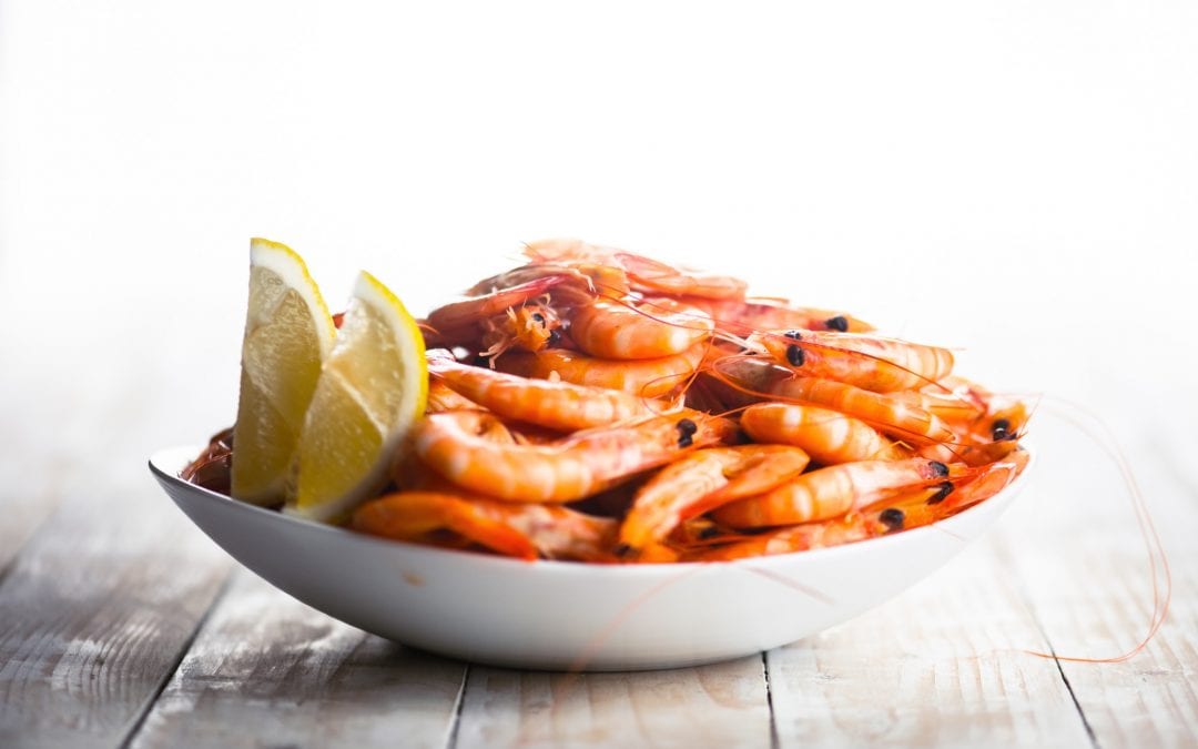 Big boiled shrimps in white plate